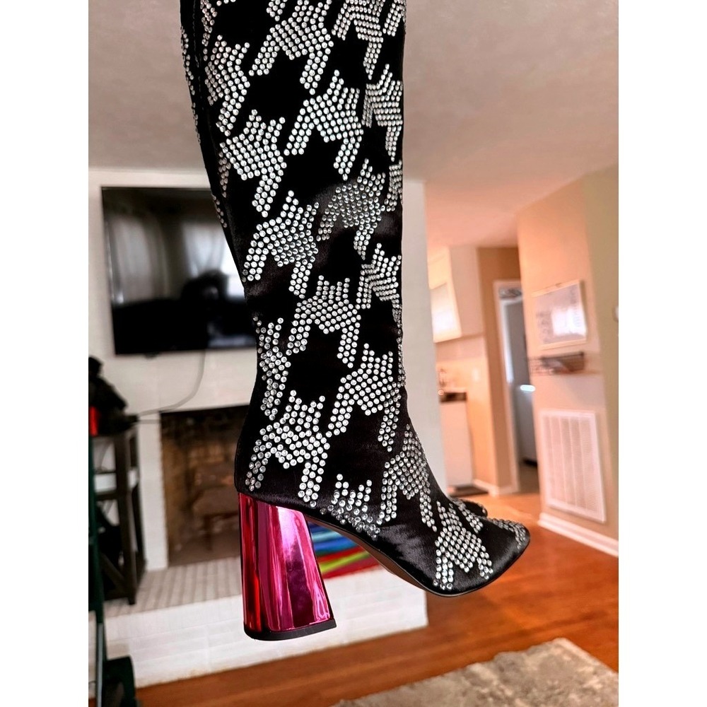 Betsey Johnson Naomy Rhinestone Houndstooth Knee High Boots‎ Black Pink NAOM01S5 - Picture 2 of 10